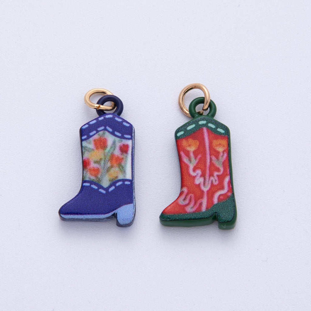 18K Gold Filled 21mm Blue, Green Flower Print Cowboy Shoes Charm | AF1606 AF1607