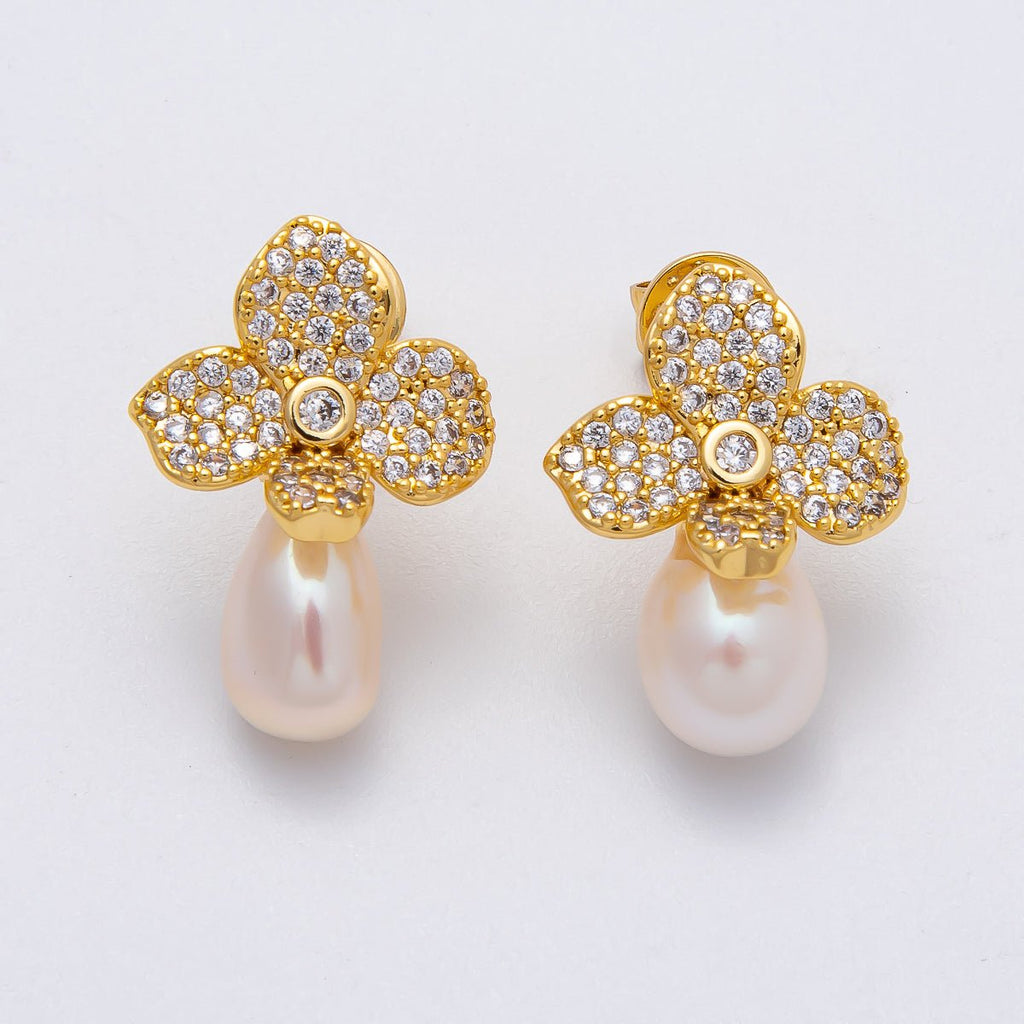18K Gold Filled 22mm Micro Paved CZ Shell Pearl Flower Drop Stud Earring | EARRINGS-00242