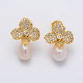 18K Gold Filled 22mm Micro Paved CZ Shell Pearl Flower Drop Stud Earring | EARRINGS-00242