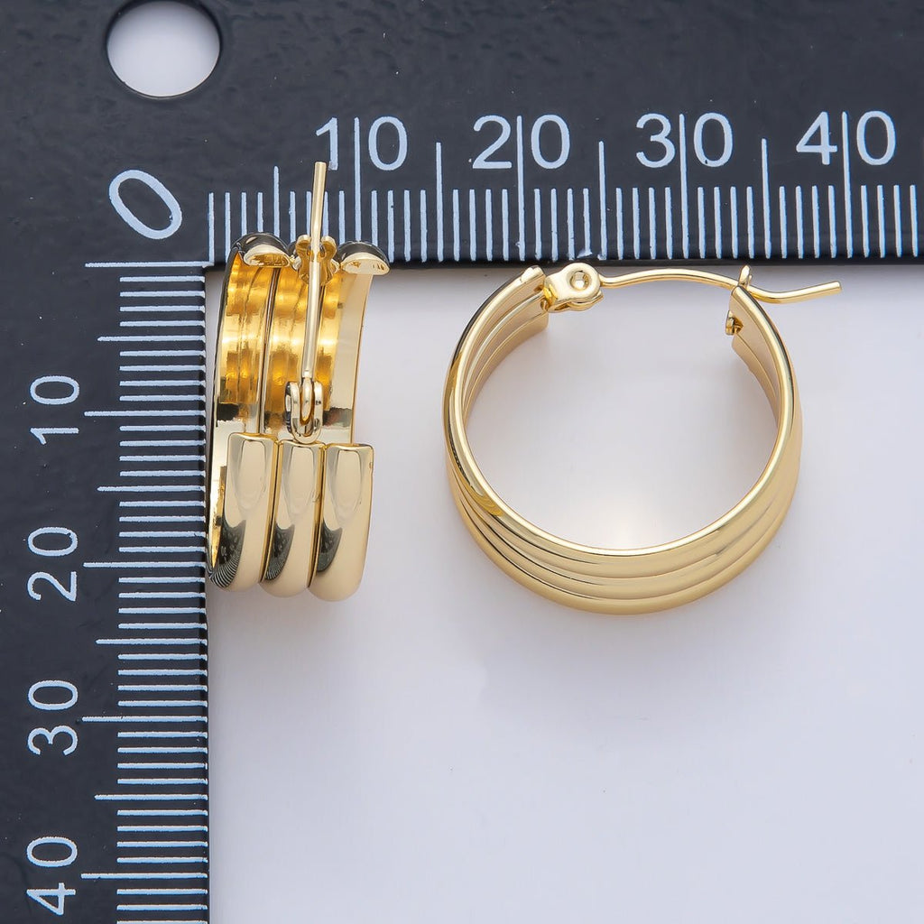 18K Gold Filled 22mm Triple Ribbed Band Latch Hoop Earrings | AD1646