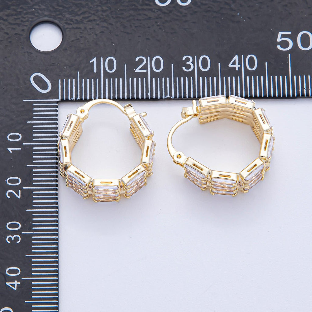 18K Gold Filled 23mm Clear Baguette CZ Edged Latch Hoop Earrings | AD1673