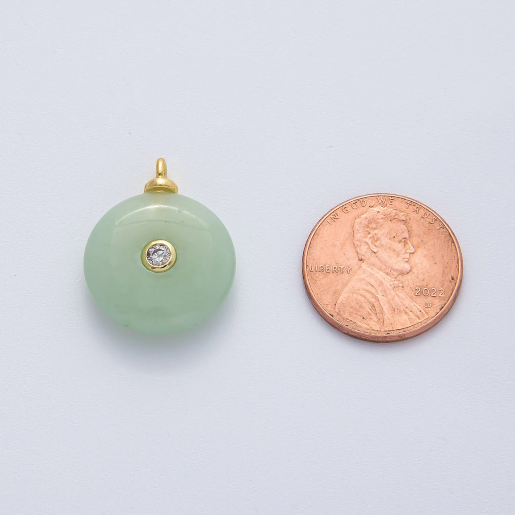 18K Gold Filled 23mm Green Jade with Clear CZ Round Natural Gemstone Pendant | AF1450