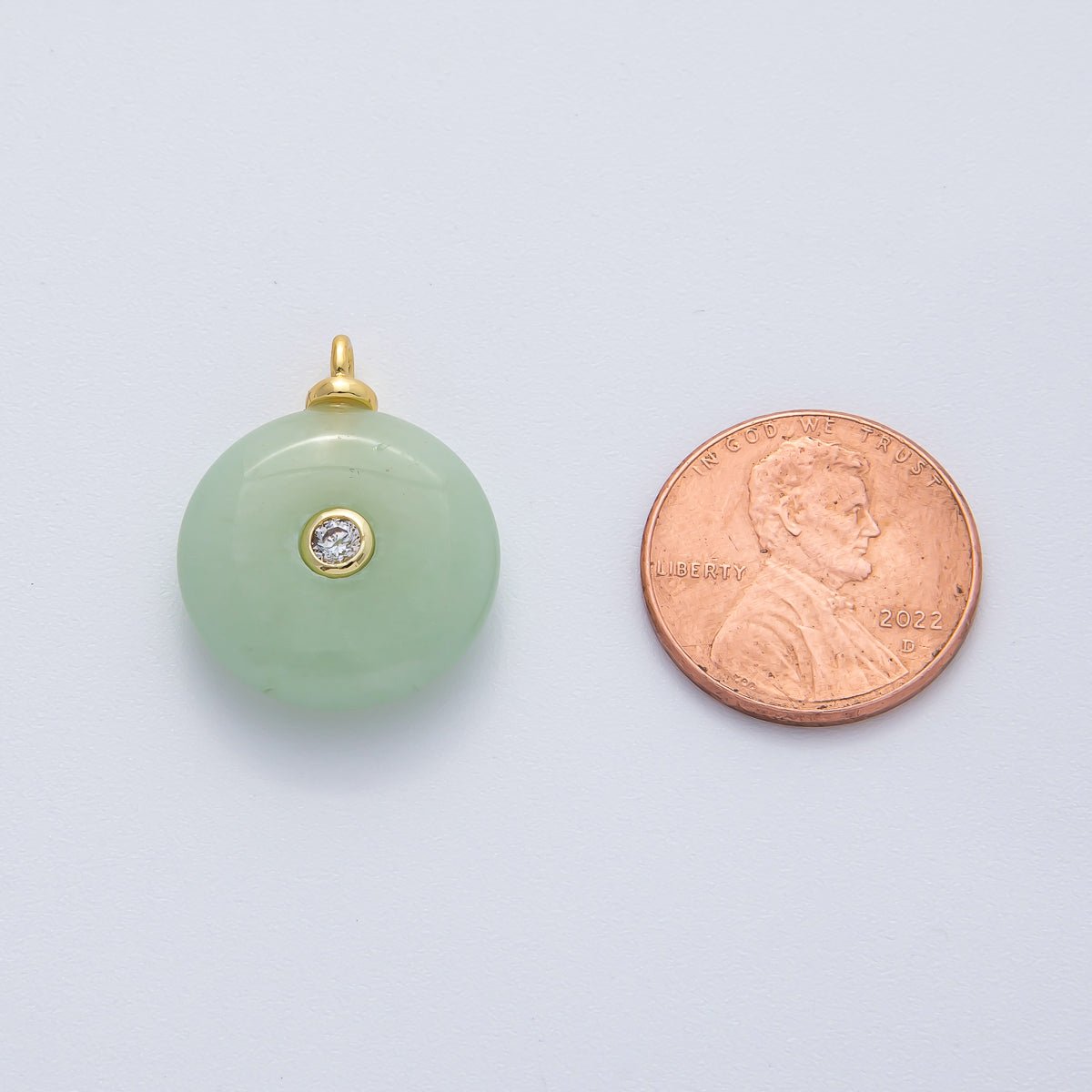 18K Gold Filled 23mm Green Jade with Clear CZ Round Natural Gemstone Pendant | AF1450