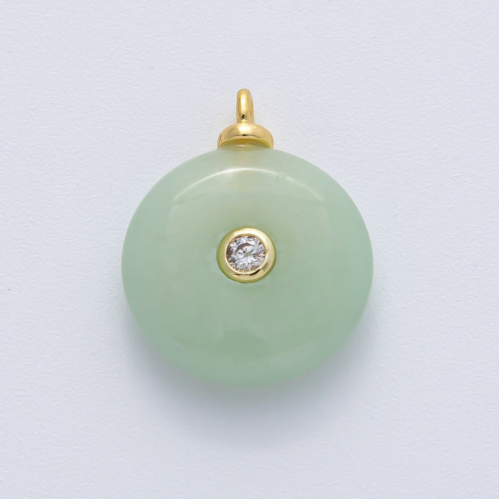 18K Gold Filled 23mm Green Jade with Clear CZ Round Natural Gemstone Pendant | AF1450