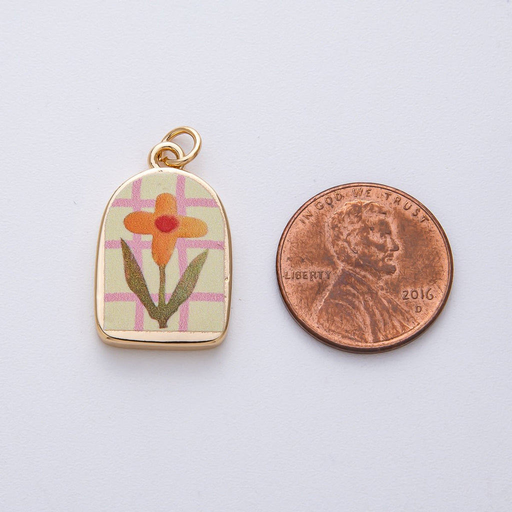 18K Gold Filled 23mm Orange Flower Green Pink Enamel Charm | AF1595
