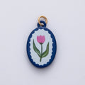 18K Gold Filled 23mm Pink Blue Enamel Flower Oval Charm | AF1624