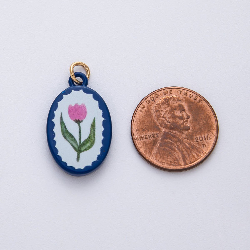 18K Gold Filled 23mm Pink Blue Enamel Flower Oval Charm | AF1624