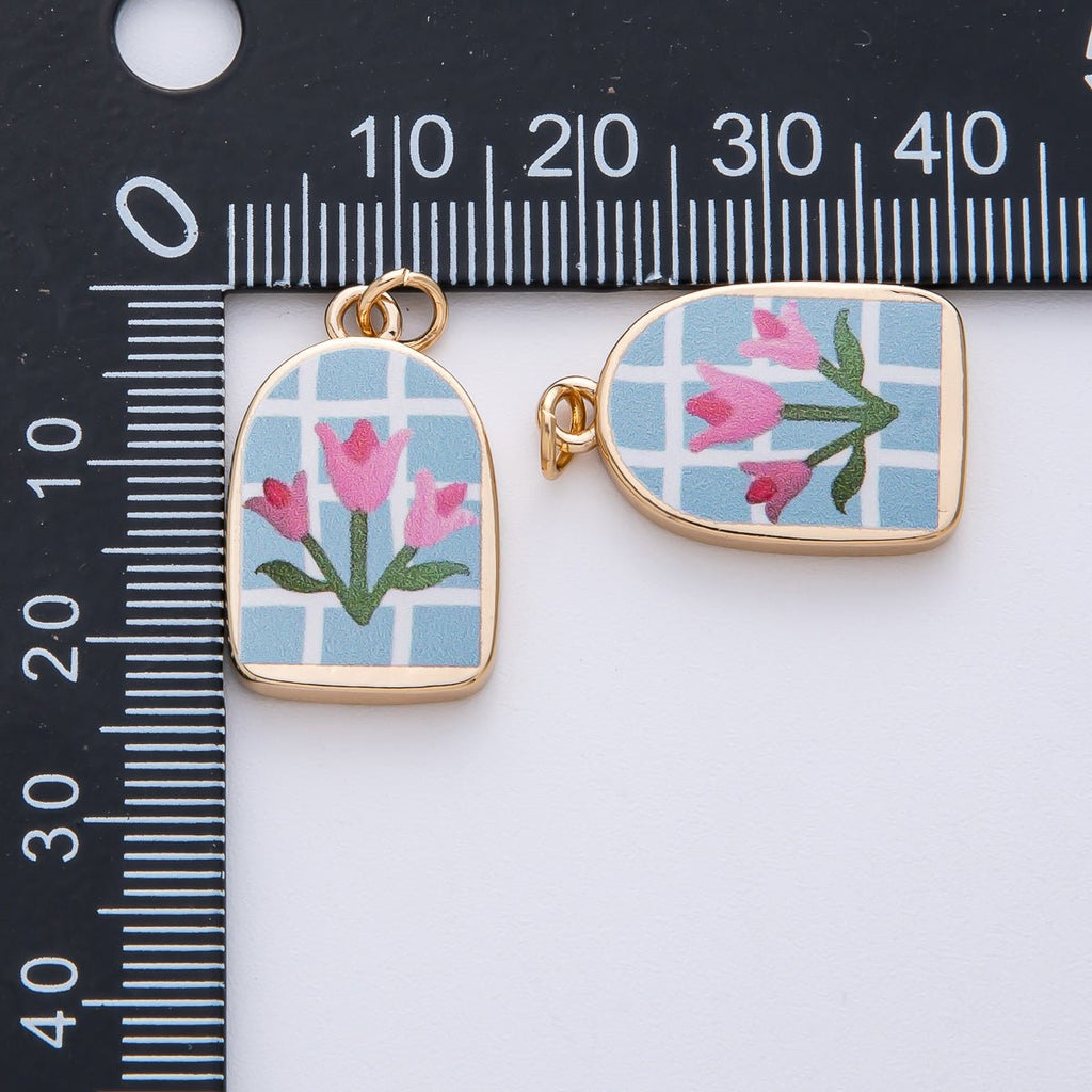 18K Gold Filled 23mm Pink-Blue Flower Enamel Charm | AF1596