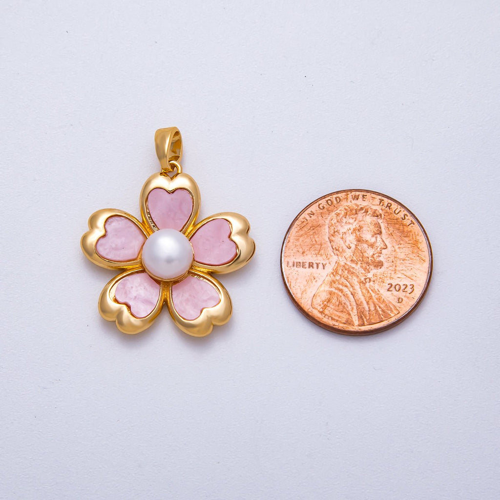 18K Gold Filled 23mm Pink Heart Shell Pearl Blooming Flower Pendant | Charms-00643