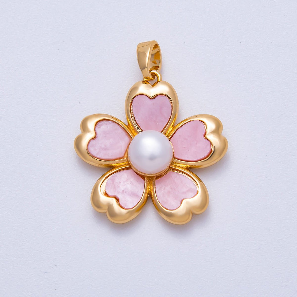 18K Gold Filled 23mm Pink Heart Shell Pearl Blooming Flower Pendant | Charms-00643