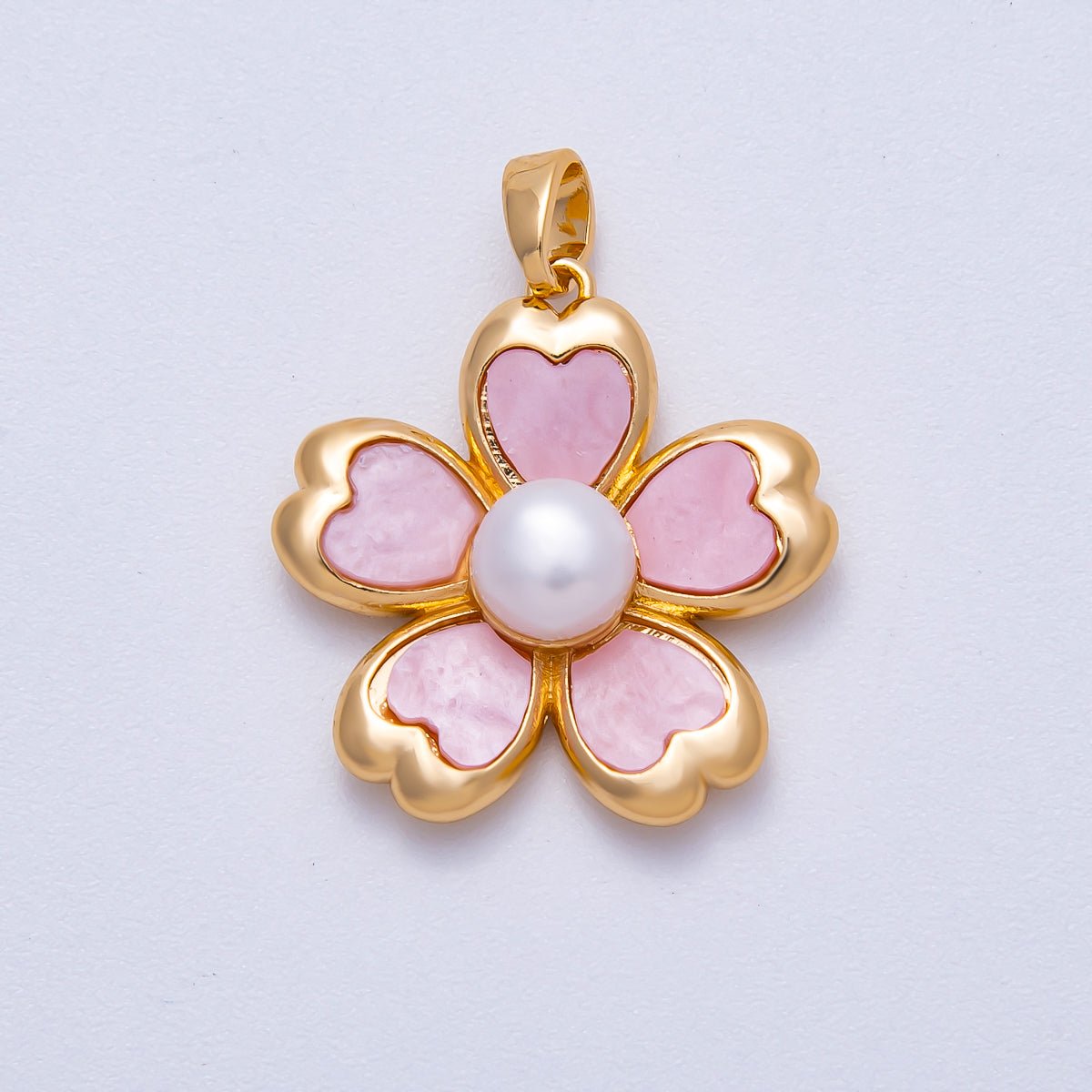 18K Gold Filled 23mm Pink Heart Shell Pearl Blooming Flower Pendant | Charms-00643