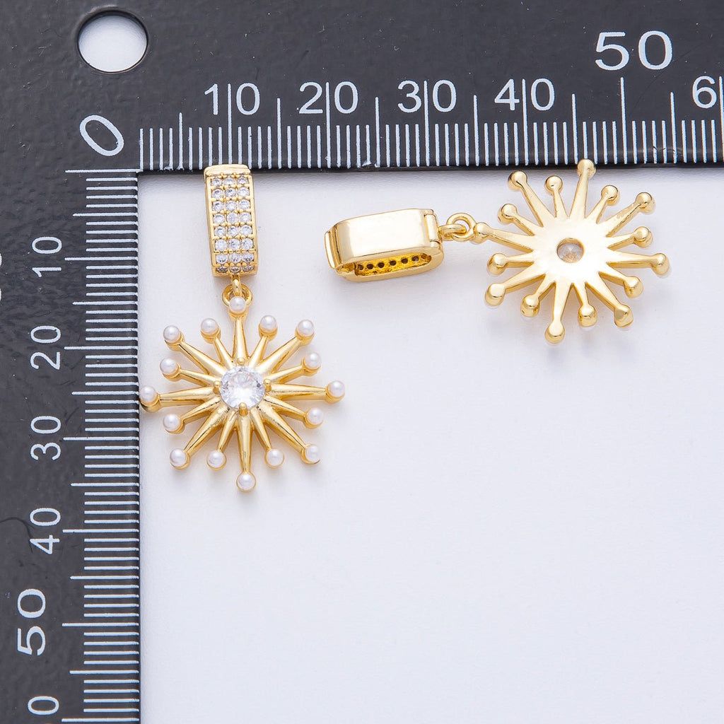 18K Gold Filled 23mm Shell Pearl Micro Paved CZ Celestial Sunburst Pendant | AF1212