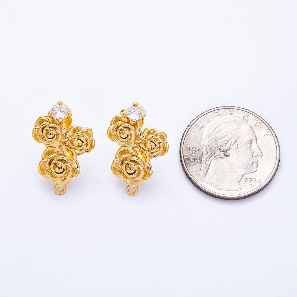 18K Gold Filled 24mm Clear CZ Rose Flower Loop Drop Stud Earring Findings | Findings-00075