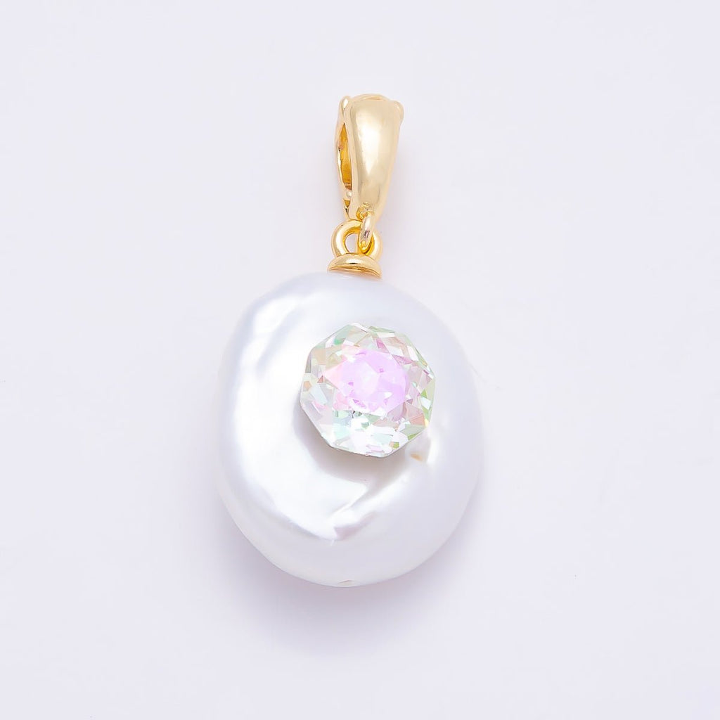 18K Gold Filled 24mm Round, Hexagon CZ Baroque White Freshwater Pearl Pendant | Charms-00941 Charms-00942