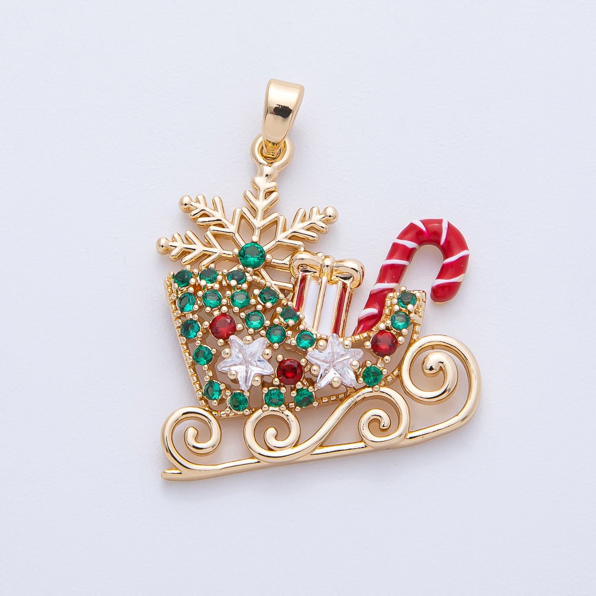 18K Gold Filled 25.5mm Christmas Sled Presents Candy Cane Snow Holiday Pendant | H030
