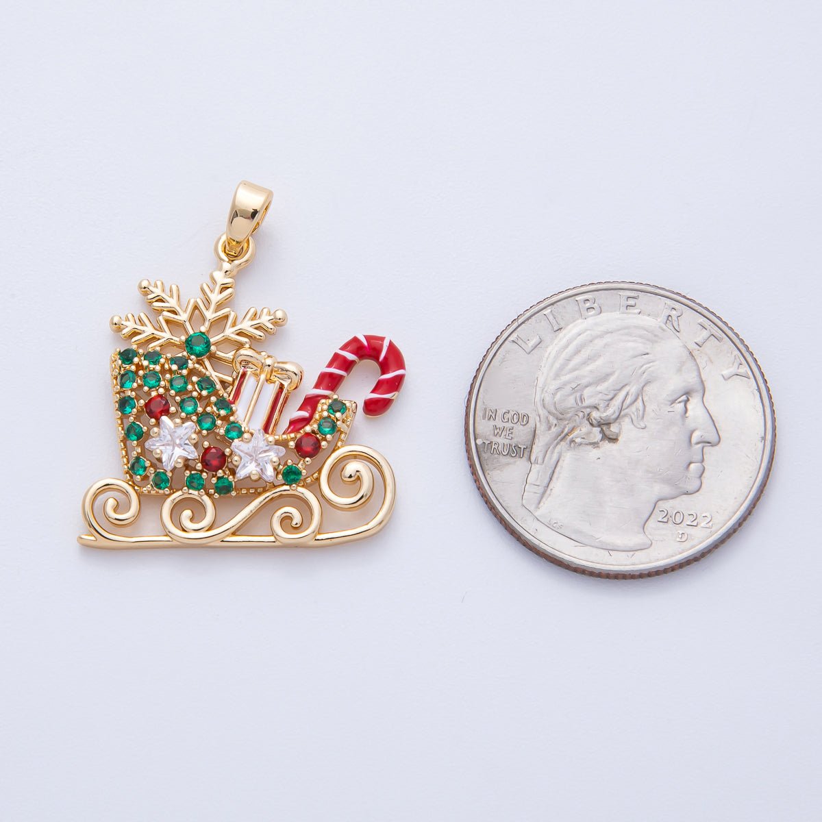 18K Gold Filled 25.5mm Christmas Sled Presents Candy Cane Snow Holiday Pendant | H030