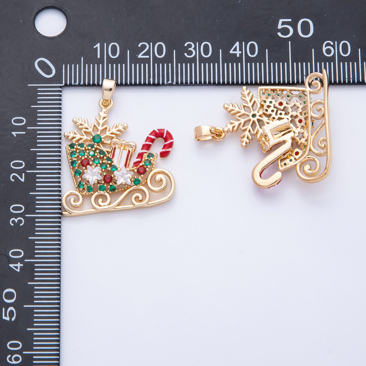 18K Gold Filled 25.5mm Christmas Sled Presents Candy Cane Snow Holiday Pendant | H030