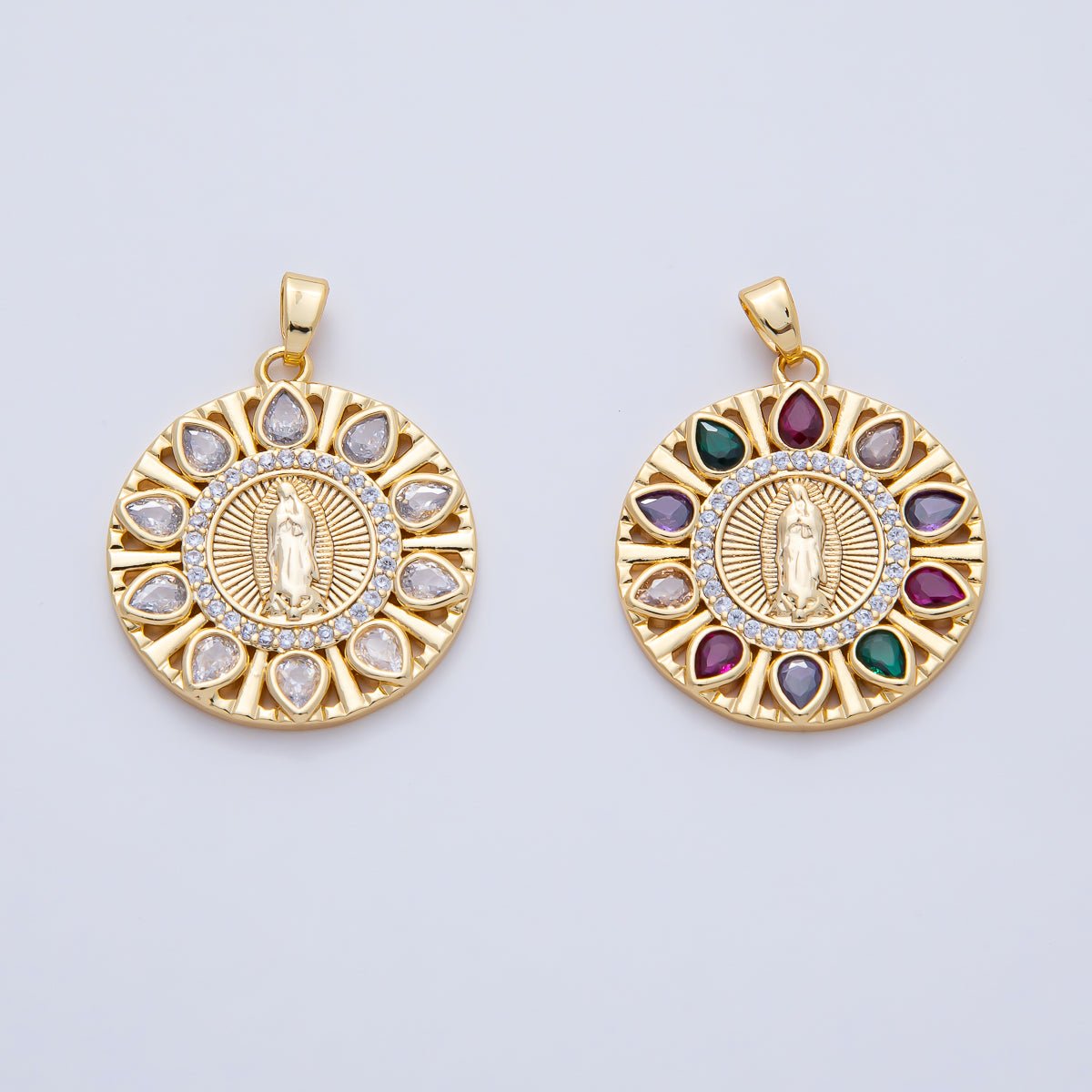 18K Gold Filled 25mm Clear, Multicolor CZ Miraculous Lady Mother Mary Round Pendant | AF1202