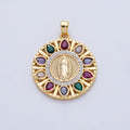 18K Gold Filled 25mm Clear, Multicolor CZ Miraculous Lady Mother Mary Round Pendant | AF1202