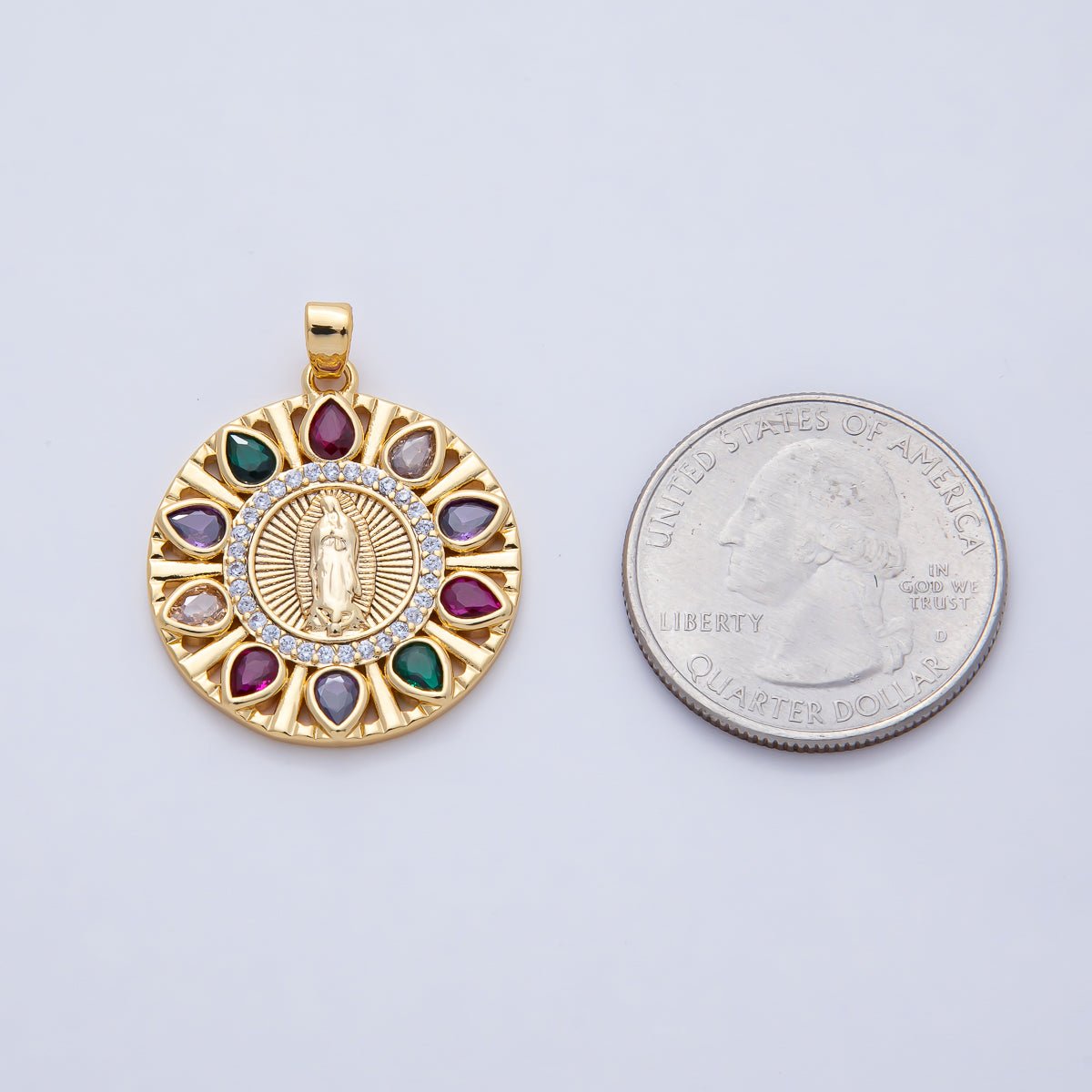 18K Gold Filled 25mm Clear, Multicolor CZ Miraculous Lady Mother Mary Round Pendant | AF1202