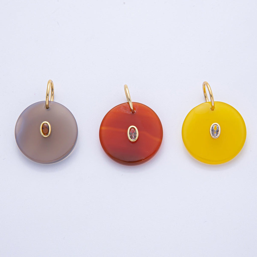 18K Gold Filled 25mm CZ Embedded Grey, Yellow, Red Round Gemstone Charm | AK053 AK054