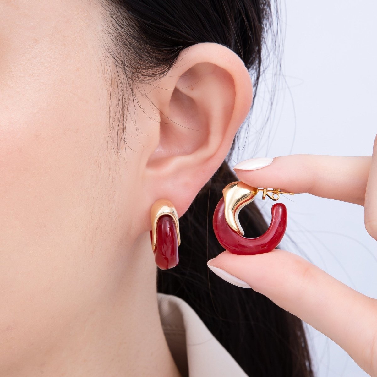 18K Gold Filled 25mm Molten Resin C-Shaped Hoop Earrings | Earrings-00251 - Earrings-00256