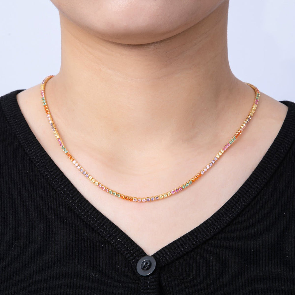 18K Gold Filled 2.5mm Multicolor CZ Tennis Chain 18 Inch Necklace w. Extender | WA-04196