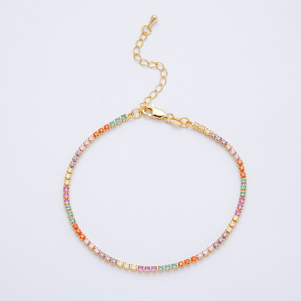 18K Gold Filled 2.5mm Multicolor CZ Tennis Chain 8 Inch Bracelet w. Extender | WA-04198