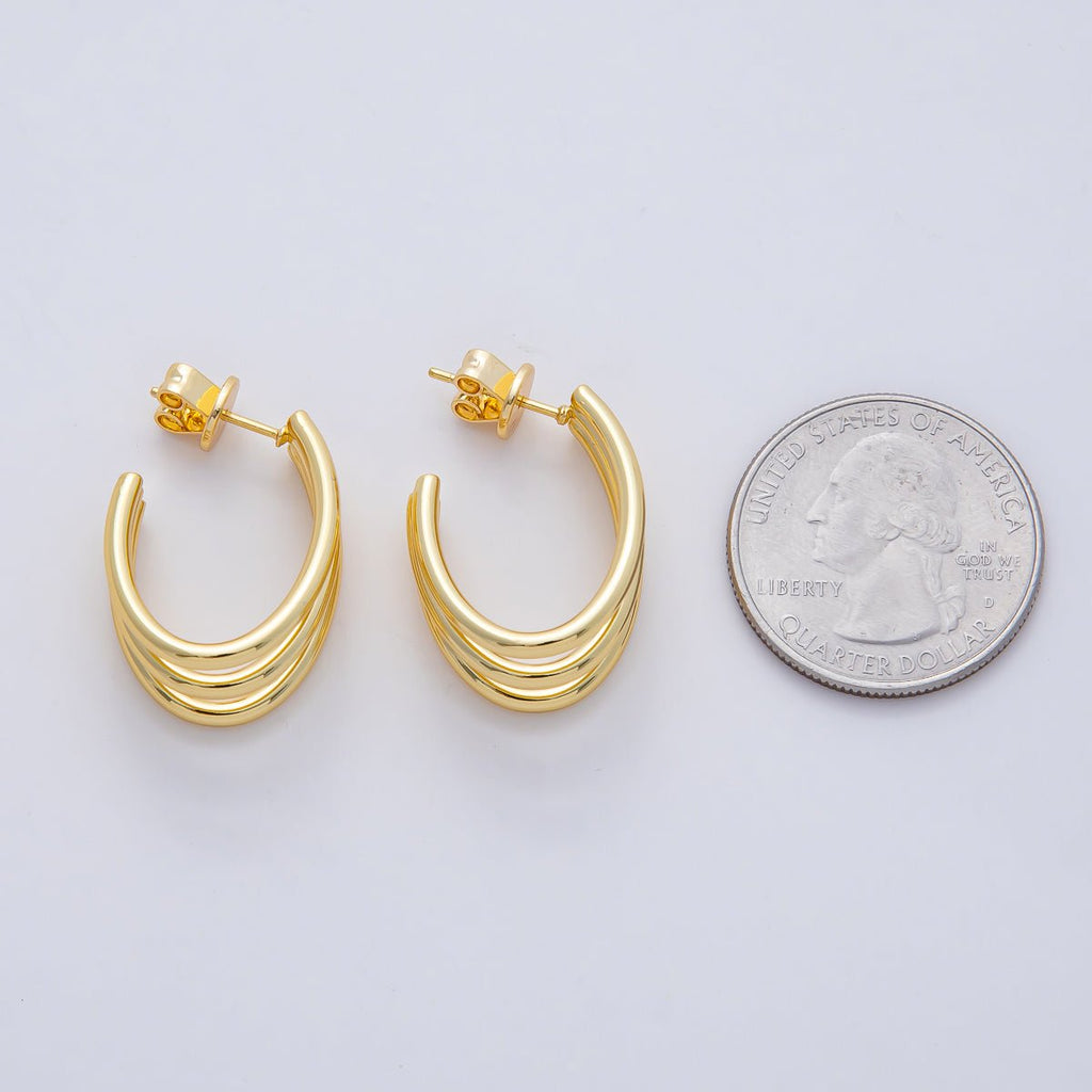 18K Gold Filled 25mm Triple Band Claw J-Shaped Hoop Earrings | AD1647