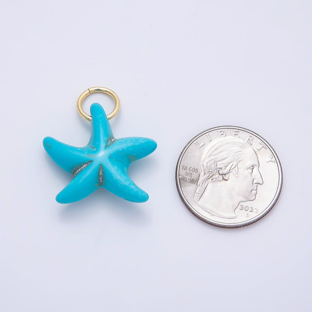 18K Gold Filled 25mm Turquoise, White Agate Gemstone Star Fish Drop Charm | Charms-01405 Charms-01406