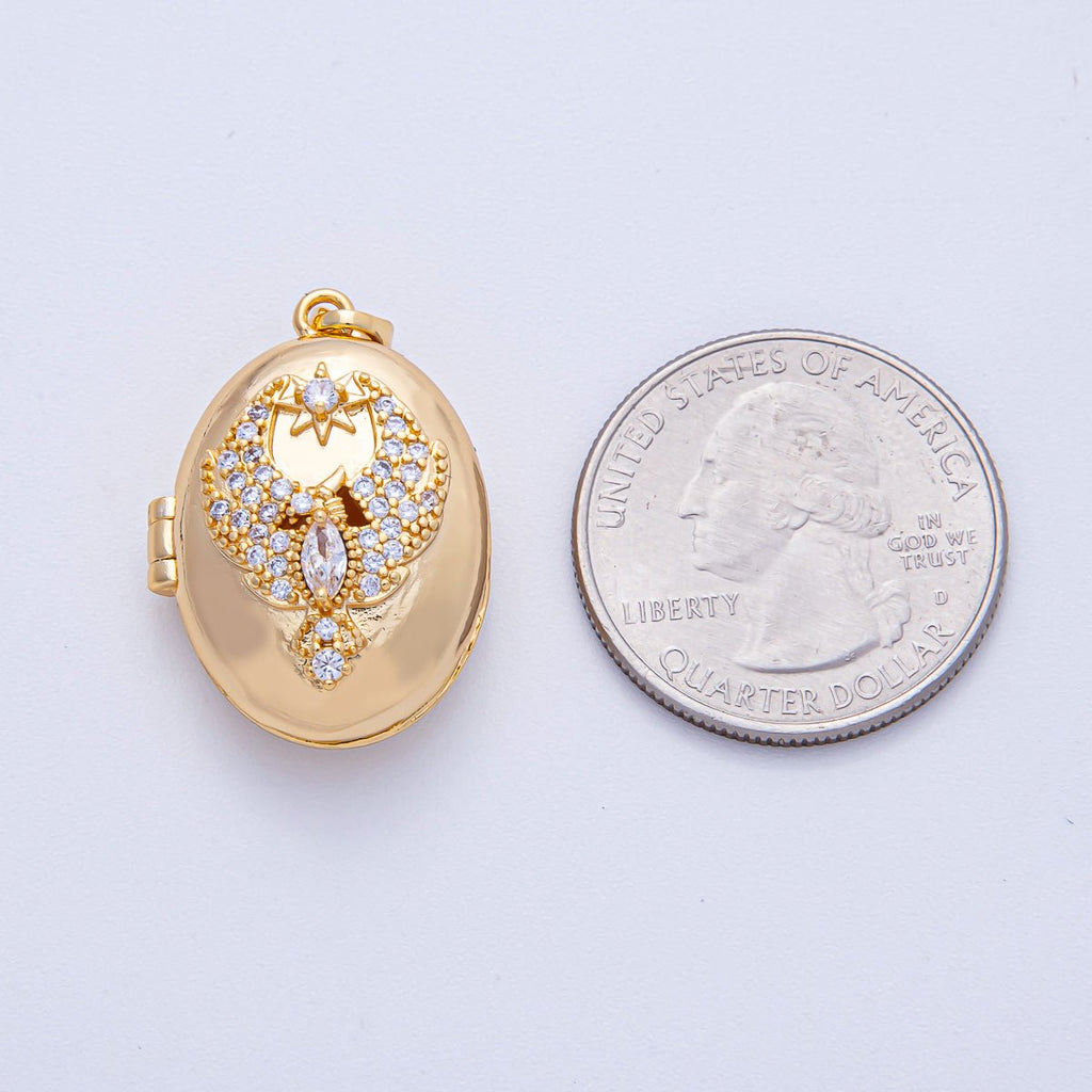 18K Gold Filled 26mm Bird Star Micro Paved CZ Oval Locket Pendant | AF1200