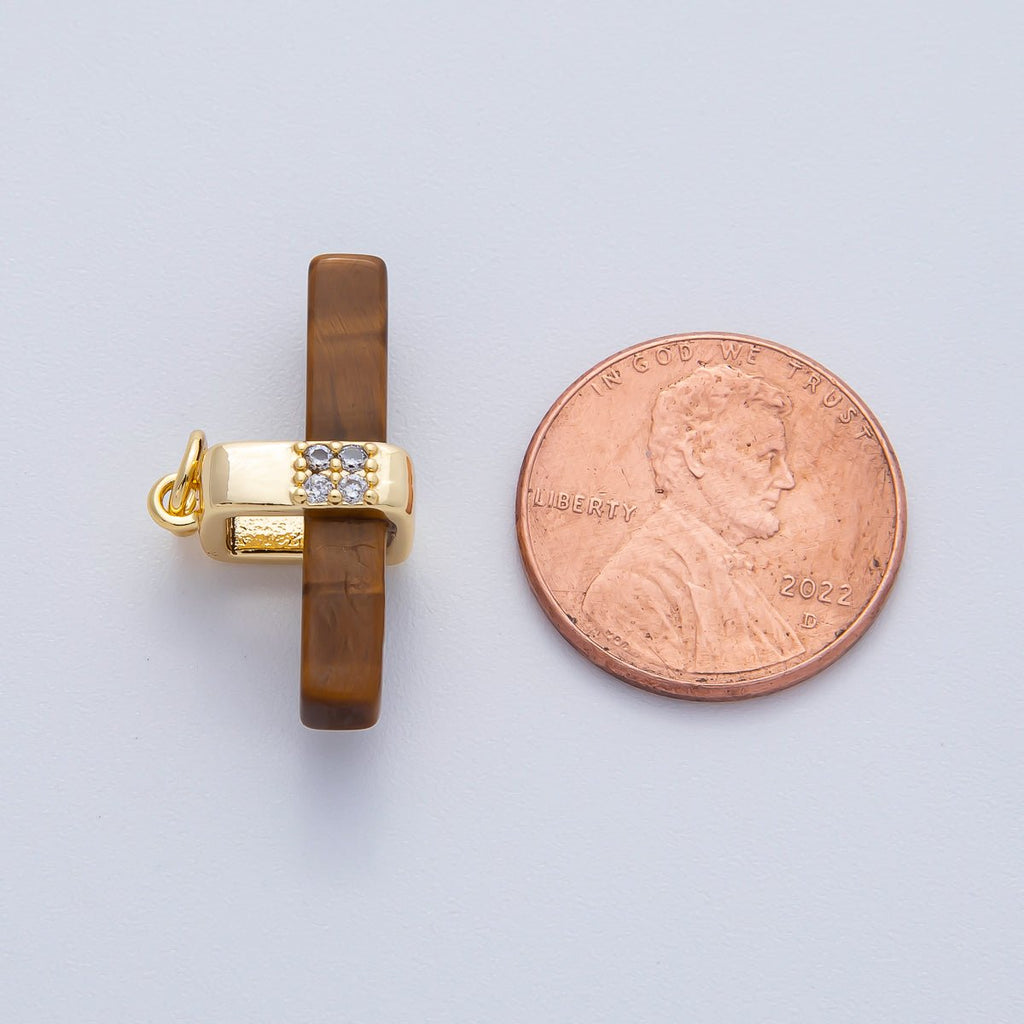 18K Gold Filled 26mm Onyx, Rose Quartz, Tiger Eye, Aventurine Gemstone Bar Micro Paved CZ Charm | AF1457 AF1458