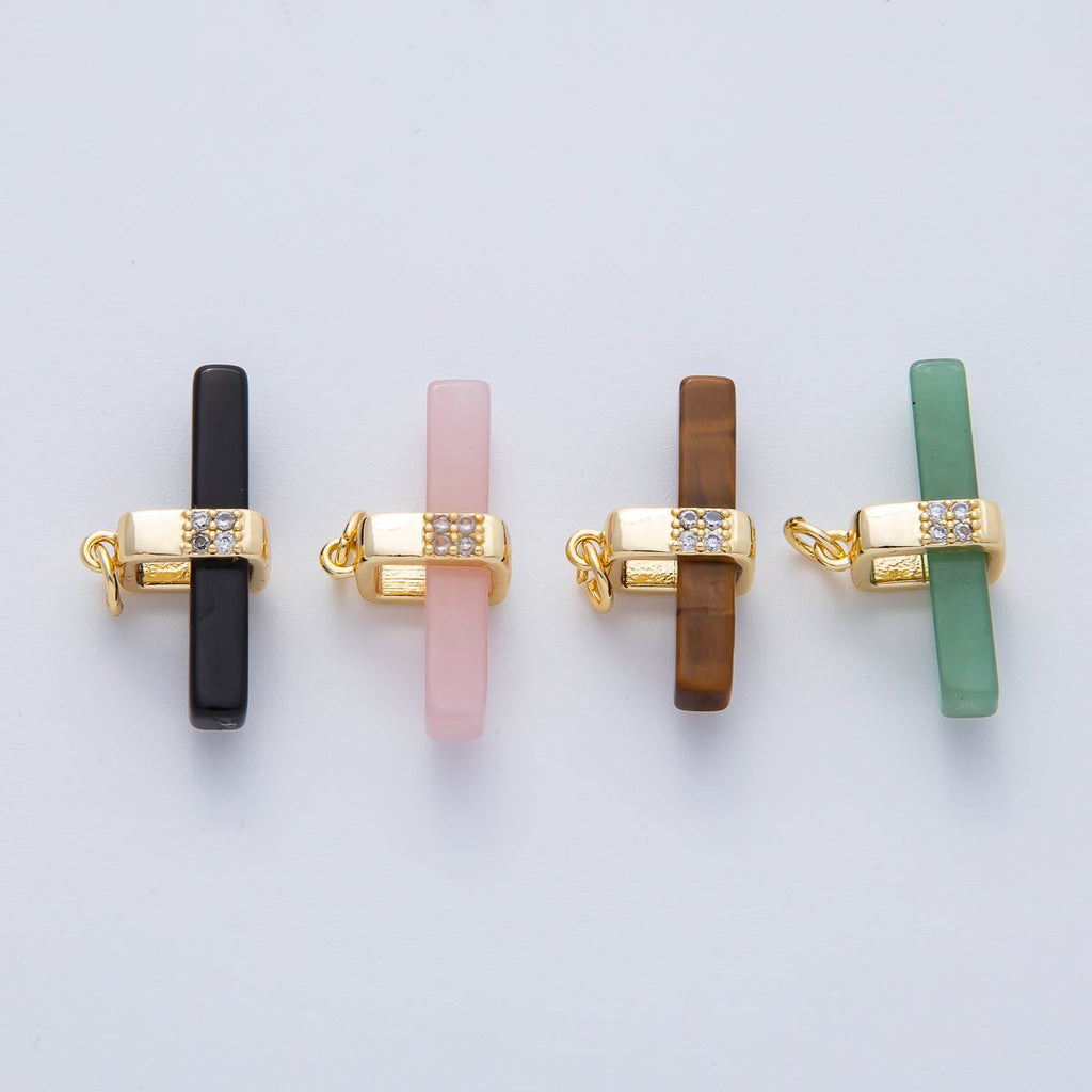 18K Gold Filled 26mm Onyx, Rose Quartz, Tiger Eye, Aventurine Gemstone Bar Micro Paved CZ Charm | AF1457 AF1458