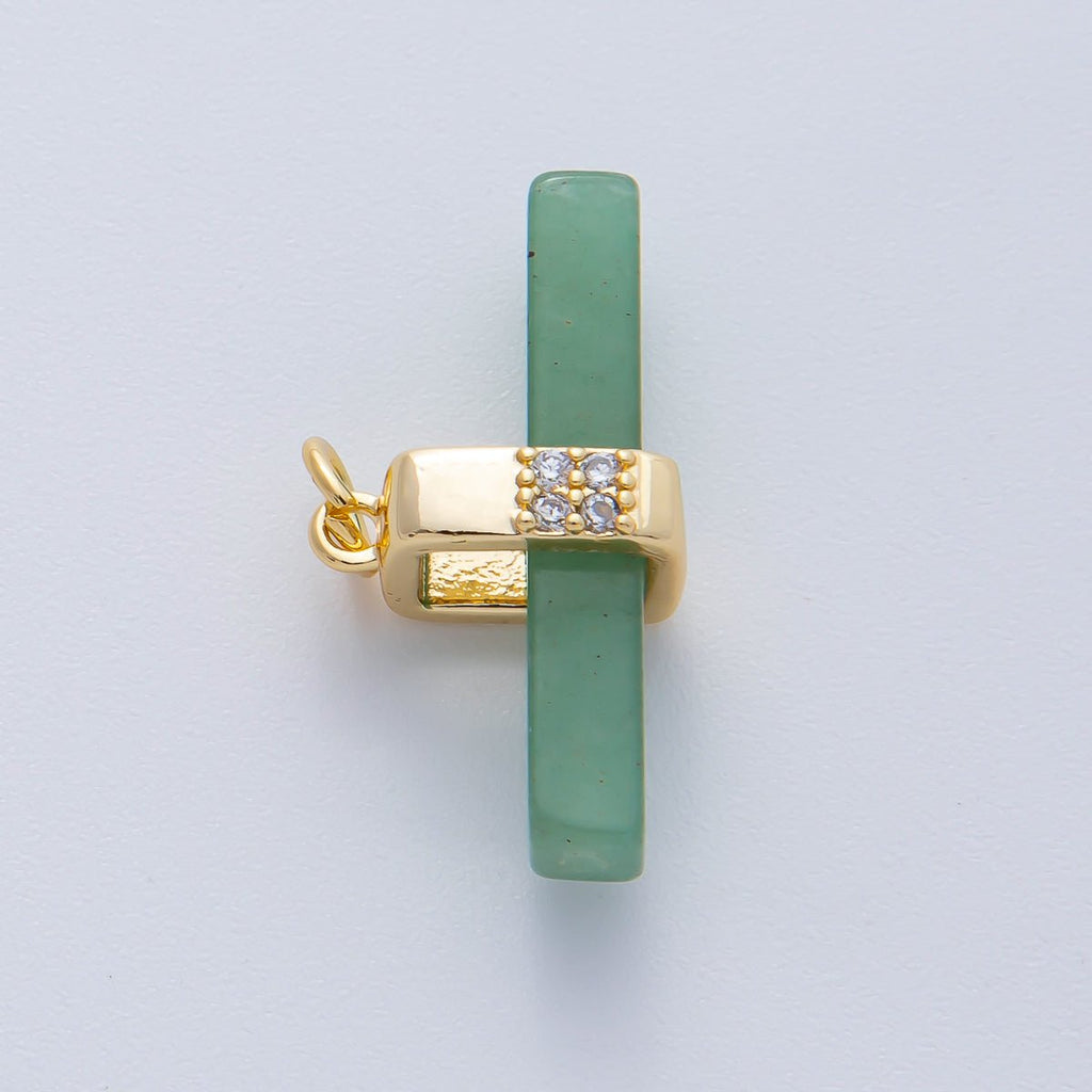 18K Gold Filled 26mm Onyx, Rose Quartz, Tiger Eye, Aventurine Gemstone Bar Micro Paved CZ Charm | AF1457 AF1458