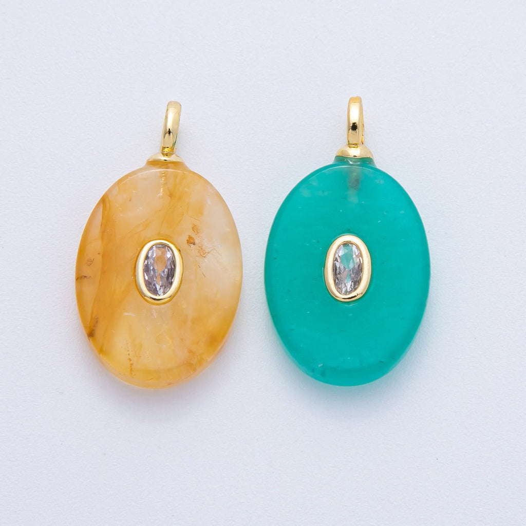 18K Gold Filled 27mm CZ Embedded Citrine, Turquoise Oval Gemstone Pendant | AK207