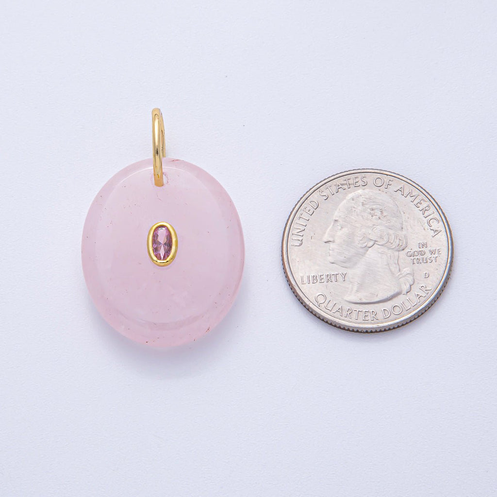 18K Gold Filled 27mm CZ Embedded Rose Quartz, Clear Quartz, Amethyst Oval Gemstone Charm | AK058 AK059