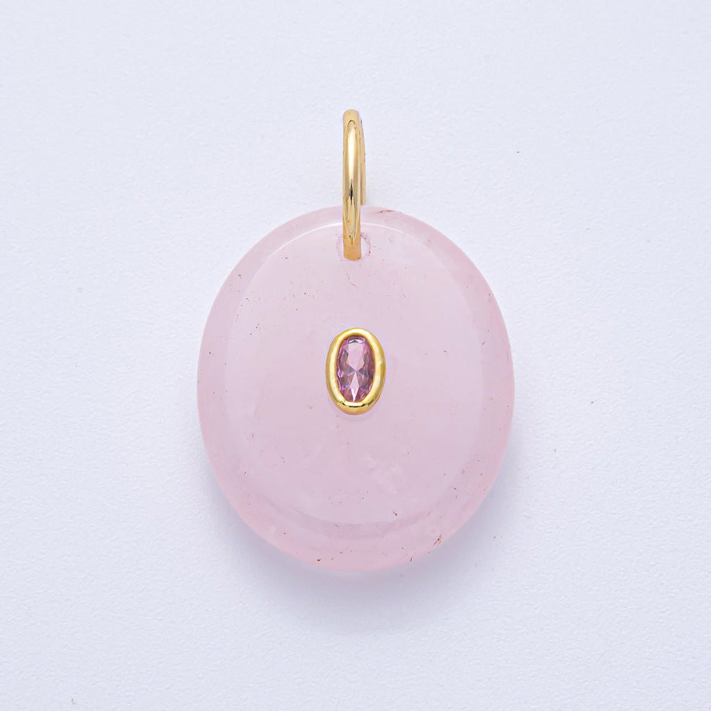 18K Gold Filled 27mm CZ Embedded Rose Quartz, Clear Quartz, Amethyst Oval Gemstone Charm | AK058 AK059