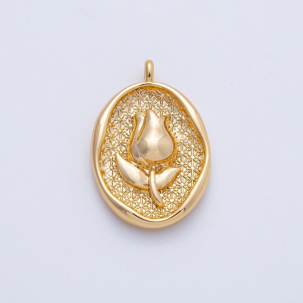 18K Gold Filled 27mm Tulip Flower Molten Oval Charm | AK150
