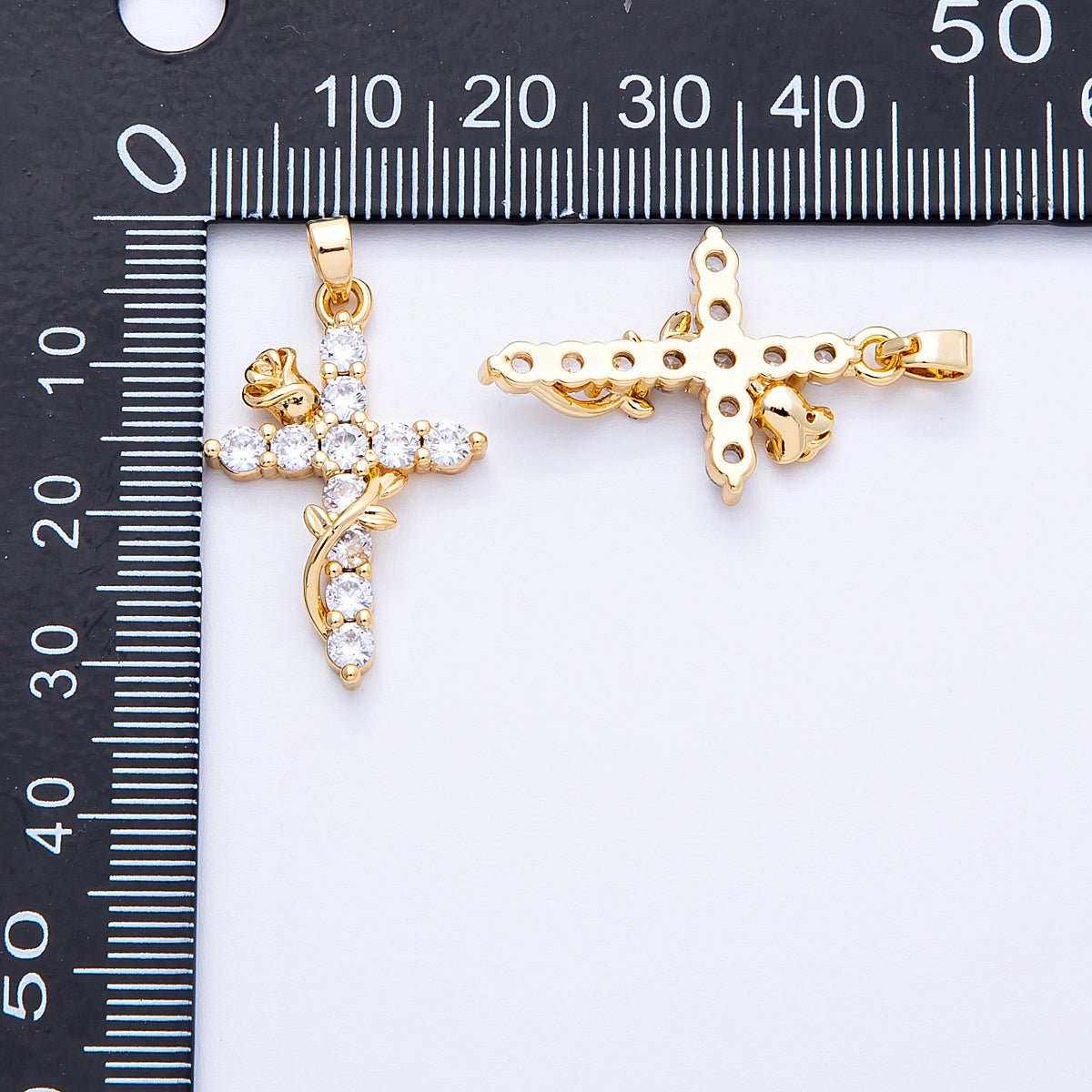 18K Gold Filled 28mm Clear CZ Religious Cross Rose Flower Pendant | Charms-00111