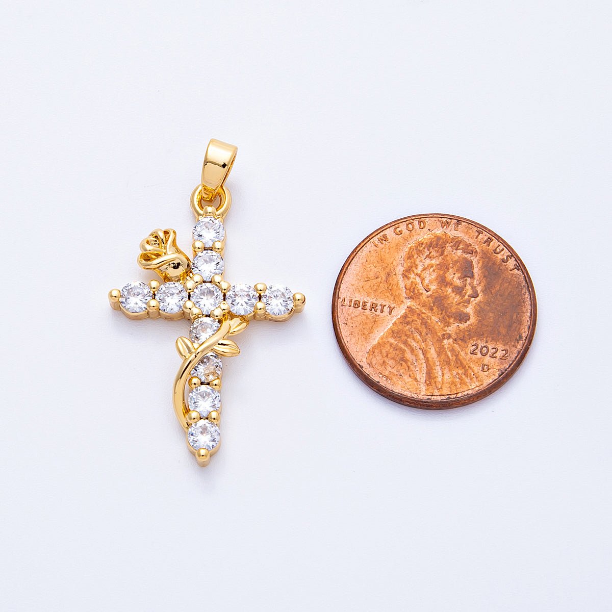 18K Gold Filled 28mm Clear CZ Rose Religious Cross Pendant | Charms-00111
