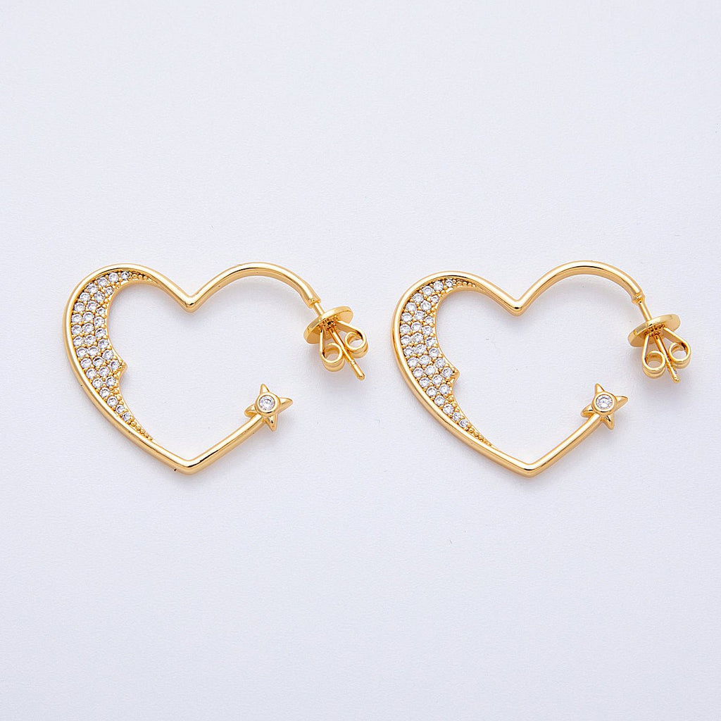 18K Gold Filled 28mm Micro Paved CZ Star Heart Hoop | Earrings-00199