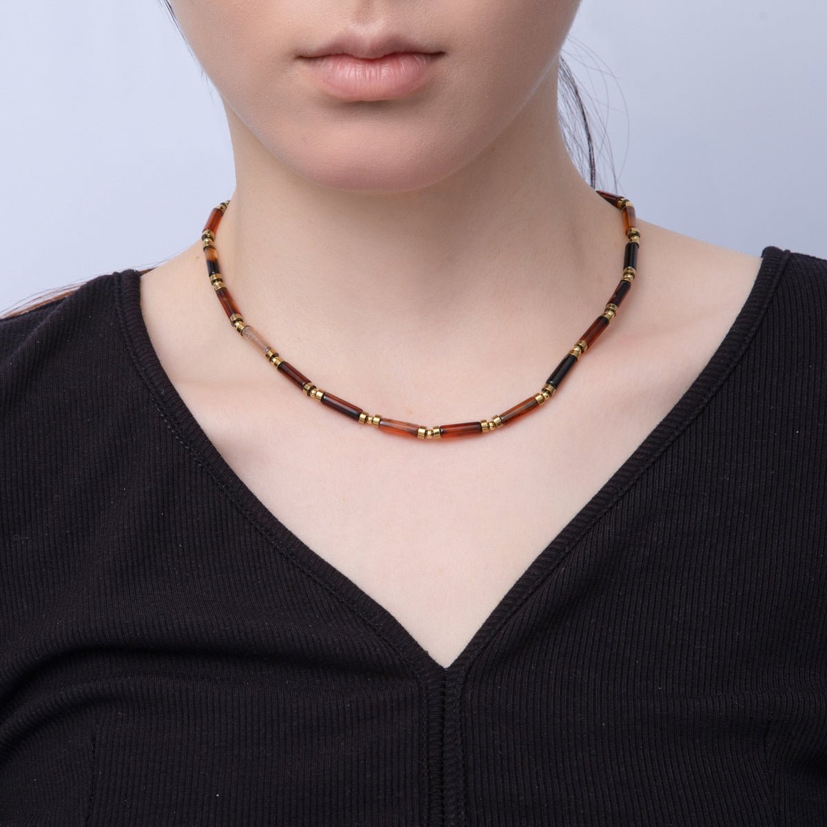 18K Gold Filled 2.8mm Natural Gemstone Tube 16.5 Inch Choker Necklace | WA-3930 ~ WA-3938
