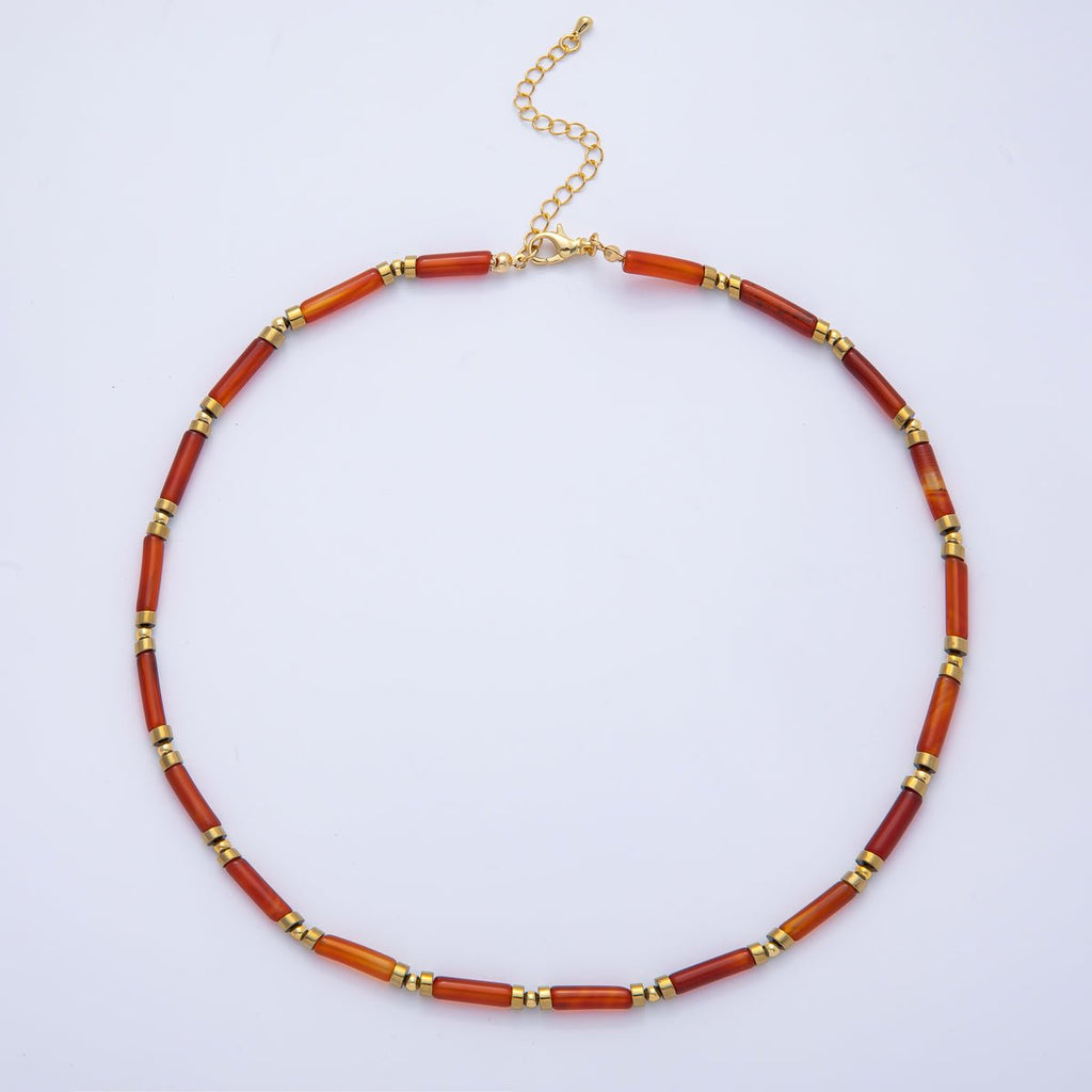 18K Gold Filled 2.8mm Natural Gemstone Tube 16.5 Inch Choker Necklace | WA-3930 ~ WA-3938