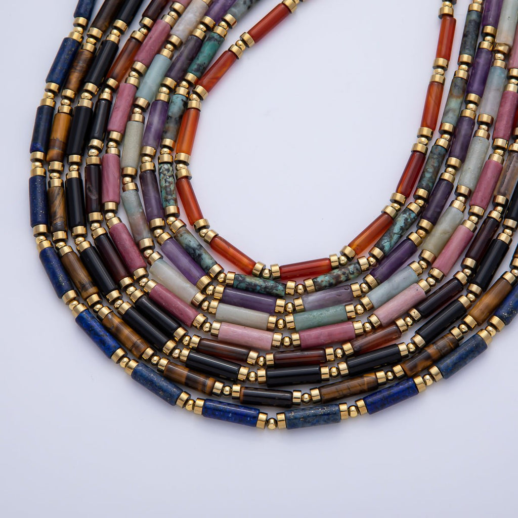 18K Gold Filled 2.8mm Natural Gemstone Tube 16.5 Inch Choker Necklace | WA-3930 ~ WA-3938
