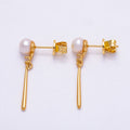 18K Gold Filled 29mm Shell Pearl Round Molten Bar Drop Stud Earrings | Earrings-00352
