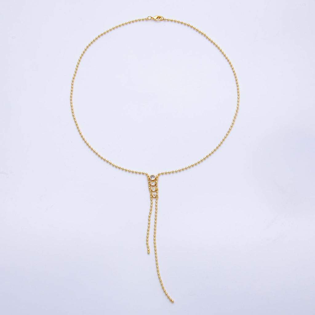 18K Gold Filled 2mm Clear CZ Gradient Round Ball Bead 18" Inch Lariat Necklace | WA-04037