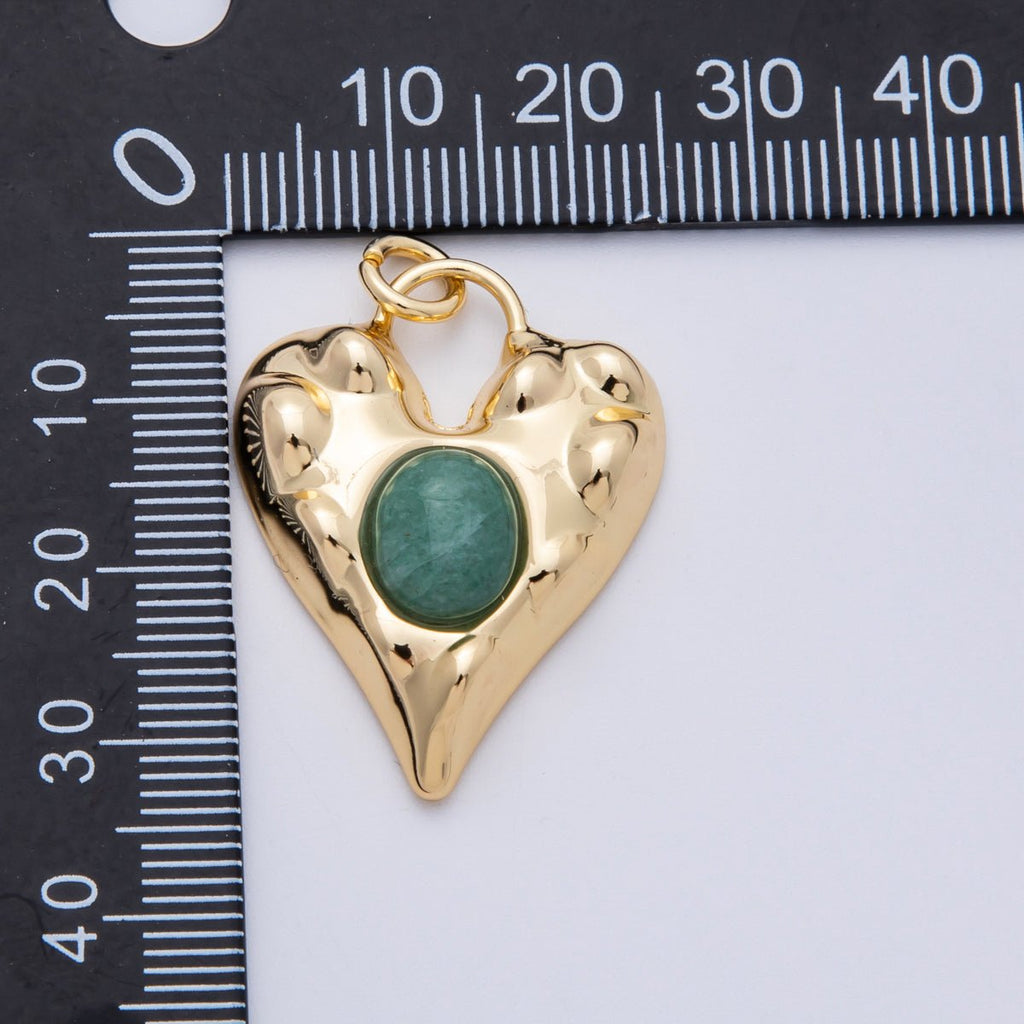 18K Gold Filled 31mm Green Jade Natural Gemstone Molten Heart Padlock Pendant | Charms-00464