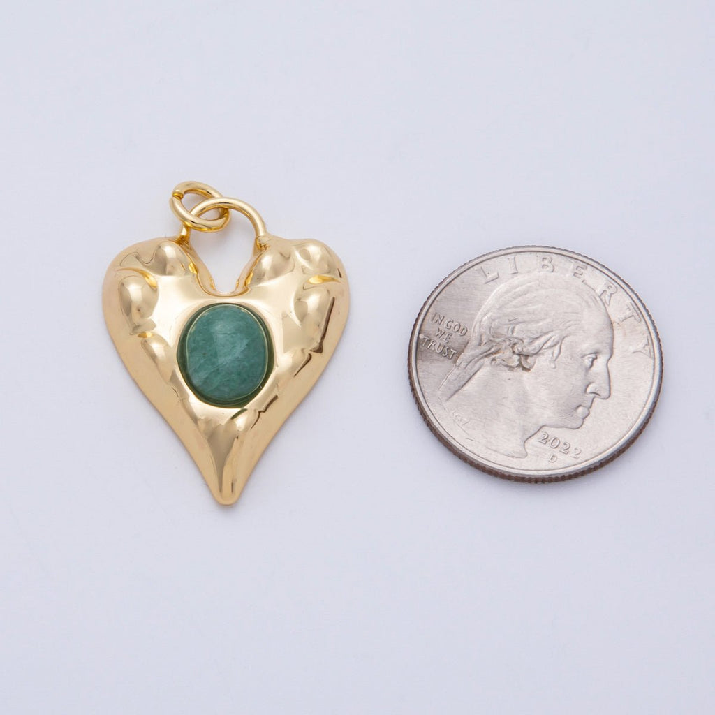 18K Gold Filled 31mm Green Jade Natural Gemstone Molten Heart Padlock Pendant | Charms-00464