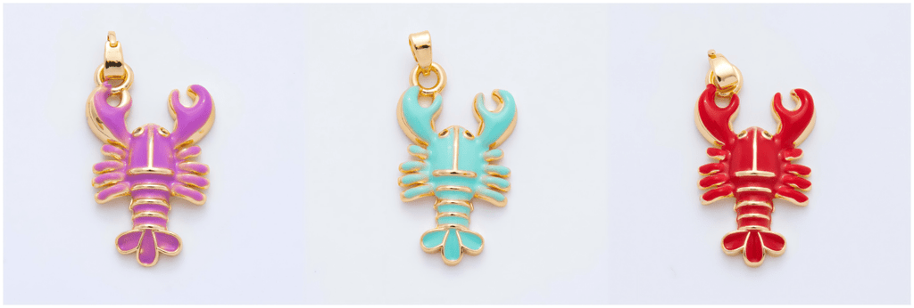 18K Gold Filled 31.5mm Red, Green, Purple Enamel Crustacean Crawfish Sea Lobster Pendant | AH793 AH794