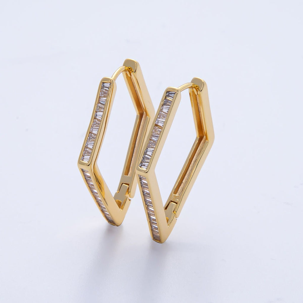 18K Gold Filled 31mm Micro Paved CZ Rhombus Hoop Earrings | Earrings-00055